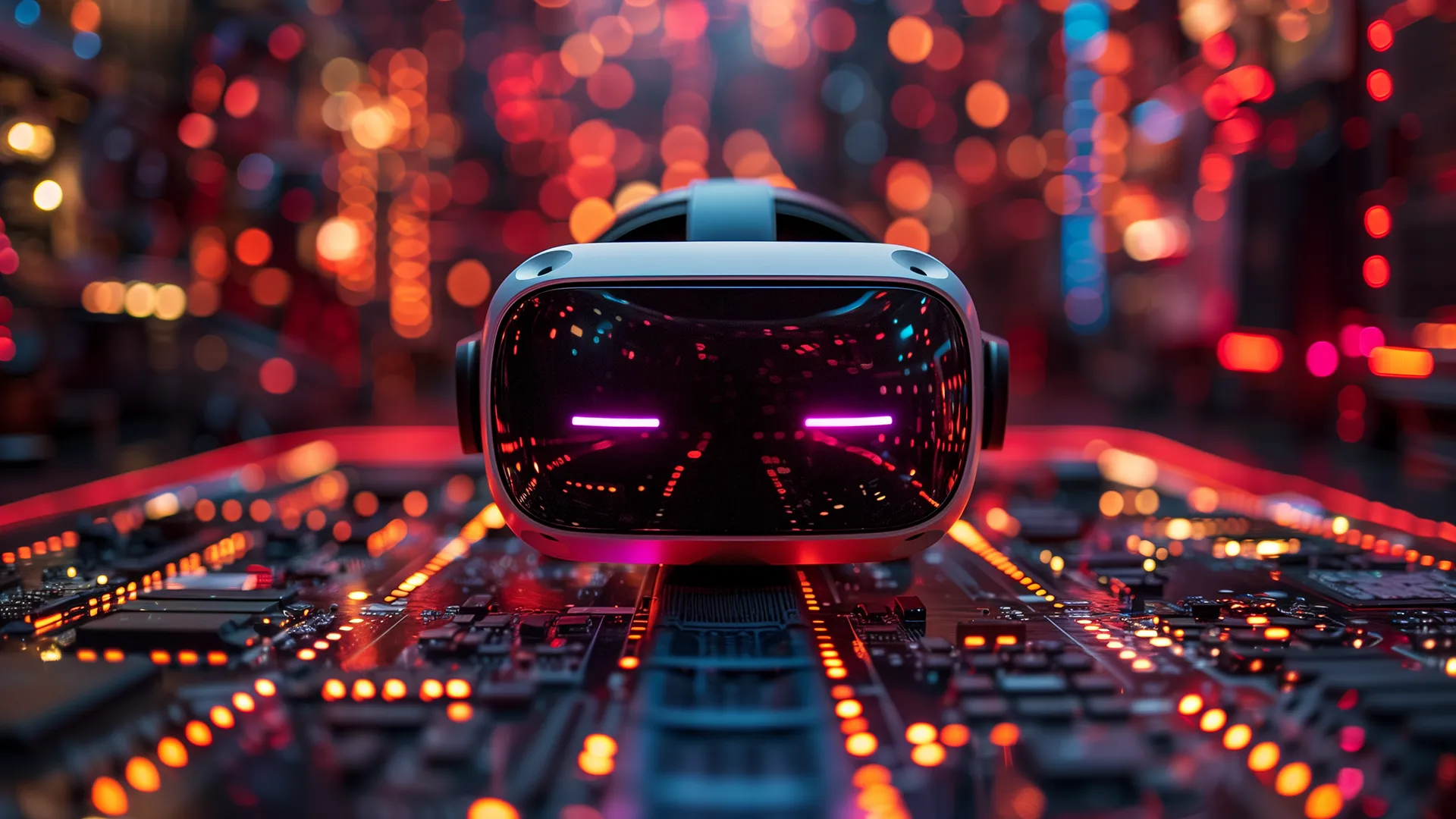 Image d'un casque VR dans un univers informatique et futuriste.
